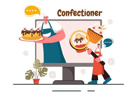 Confectioner Vector Illustration featuring a Chef Wearing an Apron Preparing Desserts, Sweet Products, and Pastries in a Flat Style Cartoon Backgroundのイラスト素材
