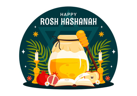 Happy Rosh Hashanah Vector Illustration of Jewish New Year Holiday with Apple, Pomegranate, Honey, and Bee in Flat Style Cartoon Backgroundのイラスト素材
