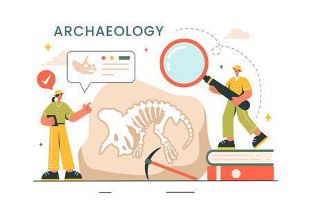 Archaeology Vector Illustration featuring an Archaeological Excavation of Ancient Ruins, Artifacts, and Dinosaur Fossils in a Flat Cartoon Backgroundのイラスト素材