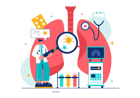 Pulmonologist Vector Illustration with Pulmonology Doctor, Lungs, Respiratory System Examination, and Treatment in Flat Style Cartoon Backgroundのイラスト素材