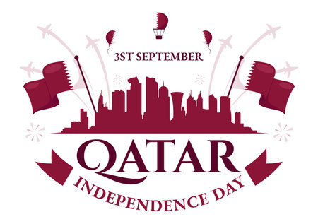 Happy Qatar Independence Day Vector Illustration for September 3rd featuring a Waving Flag and Ribbon in a Flat Style Cartoon Backgroundのイラスト素材