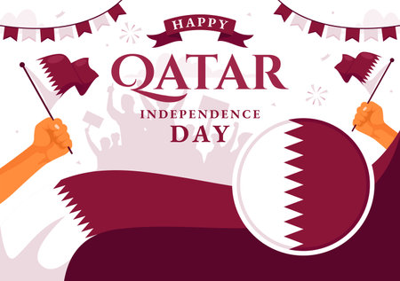 Happy Qatar Independence Day Vector Illustration for September 3rd featuring a Waving Flag and Ribbon in a Flat Style Cartoon Backgroundのイラスト素材