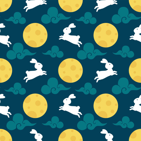 Mid Autumn Seamless Pattern Design with Decorative Elements in Hand Drawn Cartoon Flat Illustration Templateのイラスト素材