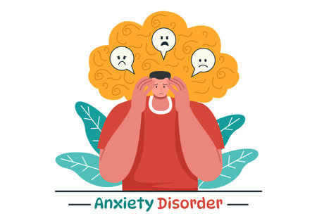 Vector Illustration of Anxiety Disorder Featuring a Frustrated Person, Nervousness, and Confusion on a Depression or Mental Health Flat Backgroundのイラスト素材
