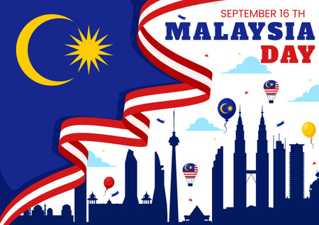 Happy Malaysia Independence Day Vector Illustration on September 16 with Waving Flag and Ribbon in a National Holiday Flat Style Cartoon Backgroundのイラスト素材