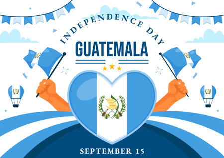 Happy Guatemala Independence Day Vector Illustration for September 15 with a Waving Flag and Ribbon in a Flat Style Cartoon Backgroundのイラスト素材
