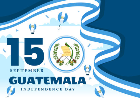 Happy Guatemala Independence Day Vector Illustration for September 15 with a Waving Flag and Ribbon in a Flat Style Cartoon Backgroundのイラスト素材