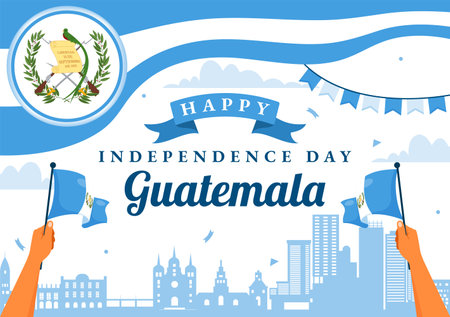 Happy Guatemala Independence Day Vector Illustration for September 15 with a Waving Flag and Ribbon in a Flat Style Cartoon Backgroundのイラスト素材