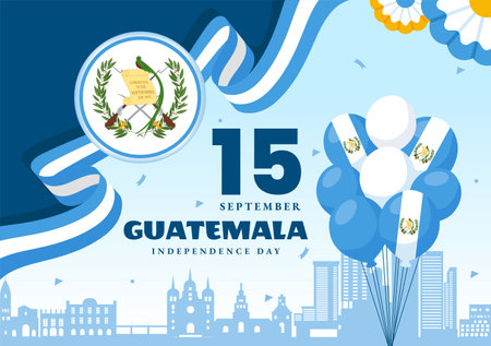 Happy Guatemala Independence Day Vector Illustration for September 15 with a Waving Flag and Ribbon in a Flat Style Cartoon Backgroundのイラスト素材