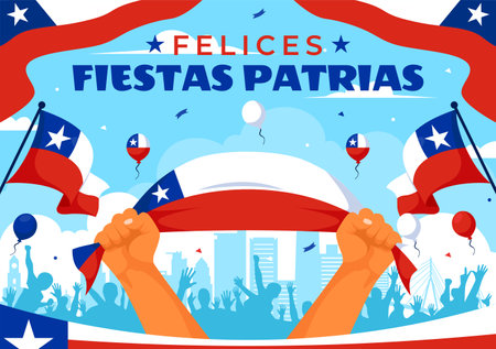 Translation : Happy Chile Independence Day Vector Illustration. with Waving Flag and Ribbon in National Holiday Flat Style Cartoon Backgroundのイラスト素材