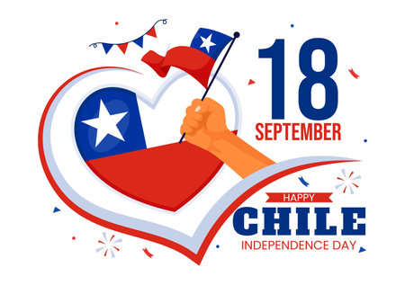 Happy Chile Independence Day Vector Illustration with Waving Flag and Ribbon in National Holiday Flat Style Cartoon Backgroundのイラスト素材