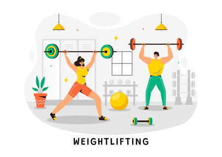 Weightlifting Sport Vector Illustration featuring an Athlete Lifting a Heavy Barbell with Gym Equipment and a Bodybuilder Training in Flat Backgroundのイラスト素材