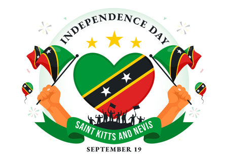 Happy Independence Day Saint Kitts and Nevis Vector illustration Celebrating September 19 with a Waving Country Flag in a Flat Cartoon Backgroundのイラスト素材