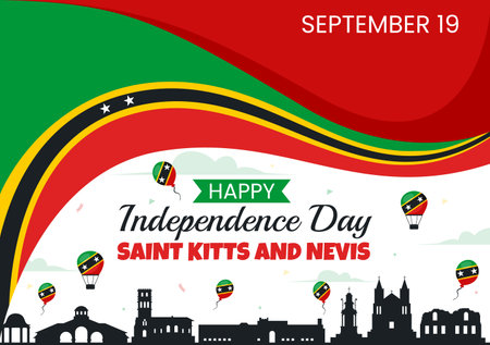 Happy Independence Day Saint Kitts and Nevis Vector illustration Celebrating September 19 with a Waving Country Flag in a Flat Cartoon Backgroundのイラスト素材
