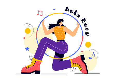 Hula Hoop Vector Illustration with People Exercising and Playing Hula Hoops, Engaged in Fitness Training Activities in a Flat Style Cartoon Backgroundのイラスト素材