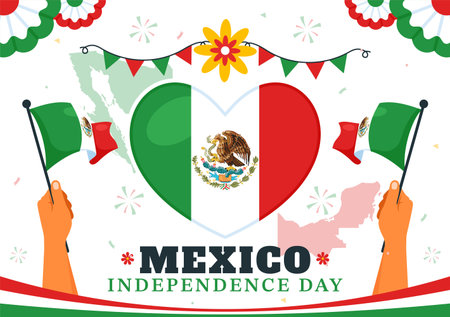 Mexico Independence Day Vector Illustration on September 16 with Waving Flag and Ribbon in a National Holiday Flat Style Cartoon Backgroundのイラスト素材