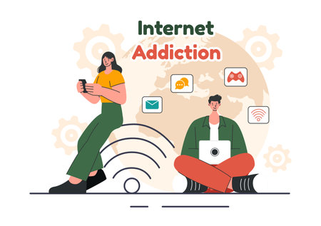 Internet Addiction Vector Illustration with Young People Addicted to Using Devices Such as Laptops or Smartphones in a Flat Style Cartoon Backgroundのイラスト素材