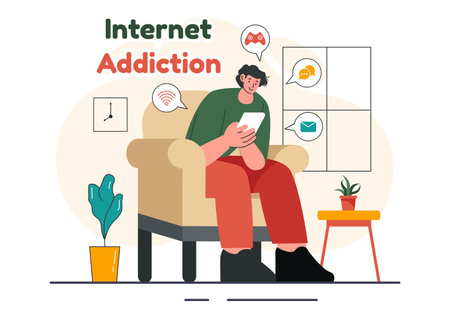 Internet Addiction Vector Illustration with Young People Addicted to Using Devices Such as Laptops or Smartphones in a Flat Style Cartoon Backgroundのイラスト素材