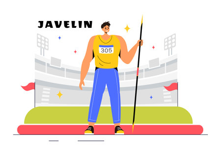 Vector Illustration of Javelin Thrower Athlete Using a Long Spear Shaped Tool to Throw as Far as Possible in a Sports Activity Flat Backgroundのイラスト素材