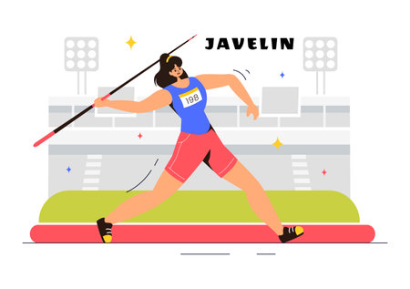 Vector Illustration of Javelin Thrower Athlete Using a Long Spear Shaped Tool to Throw as Far as Possible in a Sports Activity Flat Backgroundのイラスト素材