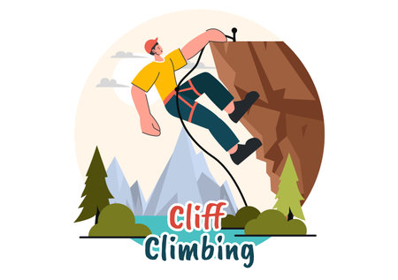 Vector Illustration of Cliff Climbing Featuring a Climber Ascending a Rock Wall or Mountain Cliffs of Extreme Sports in a Flat Cartoon Backgroundのイラスト素材