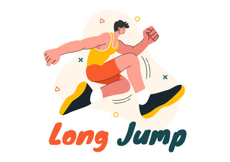 Vector Illustration of an Athlete Performing a Long Jump in a Sand Pit in Sports Championship Themes in Flat Style Cartoon Backgroundのイラスト素材