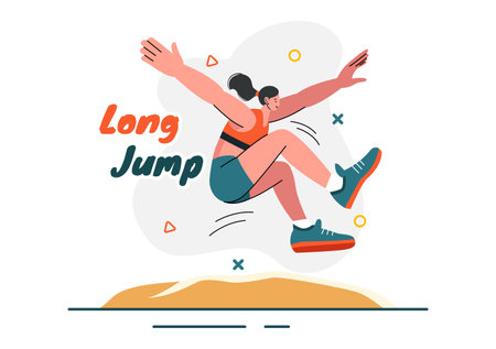 Vector Illustration of an Athlete Performing a Long Jump in a Sand Pit in Sports Championship Themes in Flat Style Cartoon Backgroundのイラスト素材