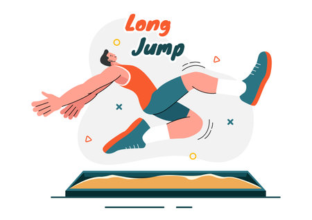 Vector Illustration of an Athlete Performing a Long Jump in a Sand Pit in Sports Championship Themes in Flat Style Cartoon Backgroundのイラスト素材