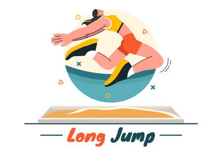Vector Illustration of an Athlete Performing a Long Jump in a Sand Pit in Sports Championship Themes in Flat Style Cartoon Backgroundのイラスト素材