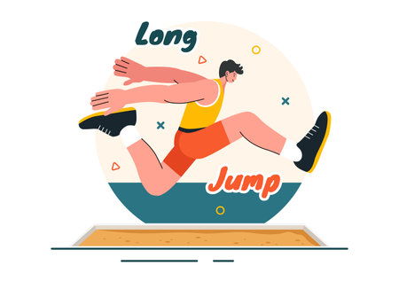 Vector Illustration of an Athlete Performing a Long Jump in a Sand Pit in Sports Championship Themes in Flat Style Cartoon Backgroundのイラスト素材