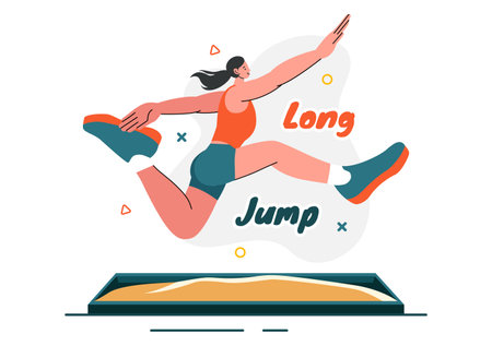 Vector Illustration of an Athlete Performing a Long Jump in a Sand Pit in Sports Championship Themes in Flat Style Cartoon Backgroundのイラスト素材