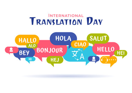 World Translator or Translation Language Day Illustration with Hello Greetings in Different Countries and Multilingual International Communicationのイラスト素材