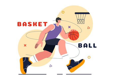 Happy Young Man Playing Basketball Vector Illustration Wearing a Basketball Uniform on an Court for Tournament in a Flat Style Design Backgroundのイラスト素材