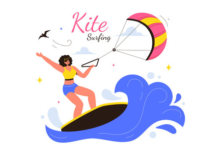 Kitesurfing Vector Illustration featuring a Kite Surfer Standing on a Kiteboard in the Summer Sea in Extreme Water Sports with a Cartoon Backgroundのイラスト素材