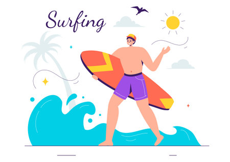 Summer Surfing Vector Illustration of Water Sports Activities, Featuring Surfboards Riding Ocean Waves or Floating in a Flat Style Cartoon Backgroundのイラスト素材