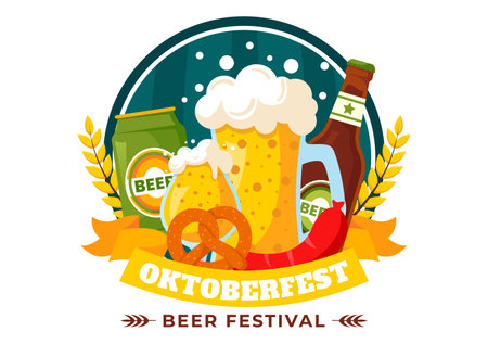 Happy Oktoberfest Party Festival Vector Illustration with Beer, Sausage, Gingerbread, Barrels, German Flag, and Wheat in the Flat Style Backgroundのイラスト素材