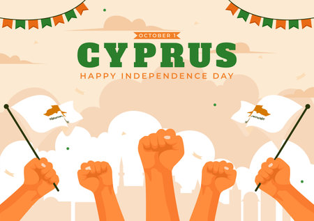 Cyprus Independence Day Vector Illustration on October 1 with Waving Flag and Ribbon in a National Holiday Flat Style Cartoon Backgroundのイラスト素材