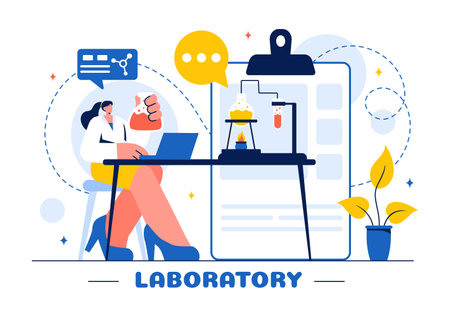 A Vector Illustration of a Laboratory Conducting Scientific Research, Experimentation, and Measurement on a Flat Cartoon Style Backgroundのイラスト素材