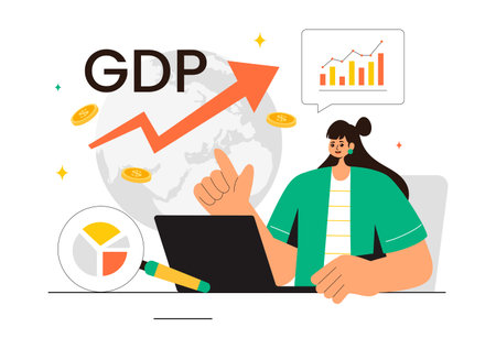 GDP or Gross Domestic Product Vector Illustration with Economic Growth Columns and Market Productivity Charts in a Flat Style Cartoon Backgroundのイラスト素材