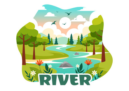 Vector Illustration of a River Landscape with Mountain Views, Green Fields, Trees, and Forests Surrounding the Rivers in a Flat Cartoon Backgroundのイラスト素材