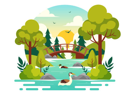 Vector Illustration of a River Landscape with Mountain Views, Green Fields, Trees, and Forests Surrounding the Rivers in a Flat Cartoon Backgroundのイラスト素材