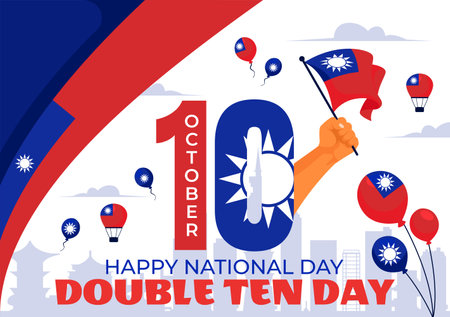 Happy Double Ten National Day Vector Illustration on October 10 with Taiwan Waving Flag and Balloons in a Holiday Flat Style Cartoon Backgroundのイラスト素材