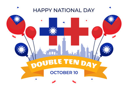 Happy Double Ten National Day Vector Illustration on October 10 with Taiwan Waving Flag and Balloons in a Holiday Flat Style Cartoon Backgroundのイラスト素材