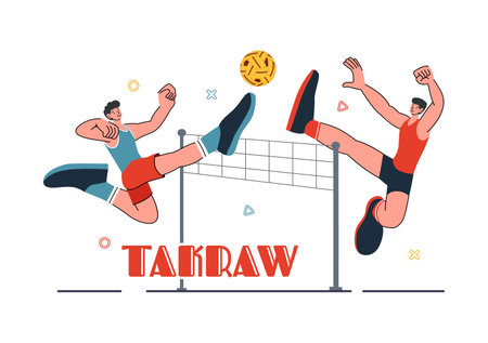 Sepak Takraw Vector Illustration with Athlete Kicking the Ball on a Court During a Sports Competition in Flat Style Cartoon Backgroundのイラスト素材