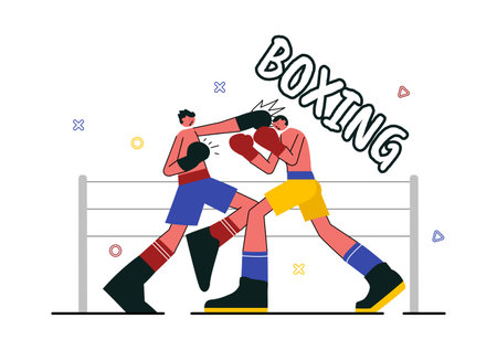 Professional Boxing Sport Vector Illustration Featuring a Boxer Wearing Red Gloves and a Helmet with Scenes of Competing, Sparring, or Practicingのイラスト素材