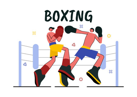 Professional Boxing Sport Vector Illustration Featuring a Boxer Wearing Red Gloves and a Helmet with Scenes of Competing, Sparring, or Practicingのイラスト素材