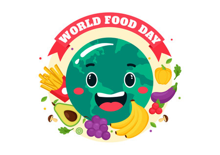 World Food Day Vector Illustration on 16 October with Various Foods, Fruit and Vegetable in a Flat Style Cartoon Backgroundのイラスト素材