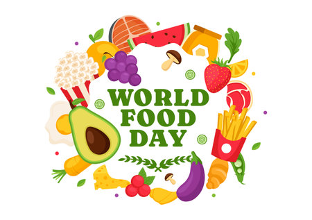 World Food Day Vector Illustration on 16 October with Various Foods, Fruit and Vegetable in a Flat Style Cartoon Backgroundのイラスト素材