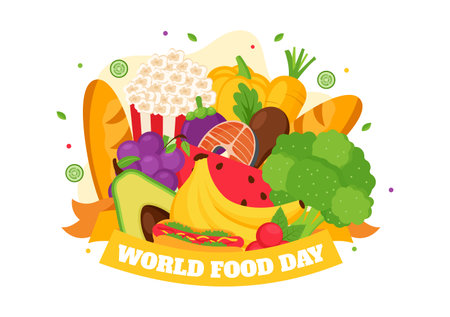 World Food Day Vector Illustration on 16 October with Various Foods, Fruit and Vegetable in a Flat Style Cartoon Backgroundのイラスト素材