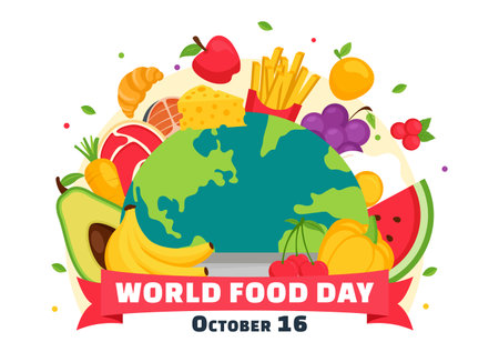 World Food Day Vector Illustration on 16 October with Various Foods, Fruit and Vegetable in a Flat Style Cartoon Backgroundのイラスト素材